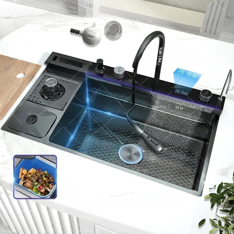 

304 Stainless Steel Extra Large Single Slot Waterfall Kitchen Sink with Digital Display & Cup Washer Multifunctional