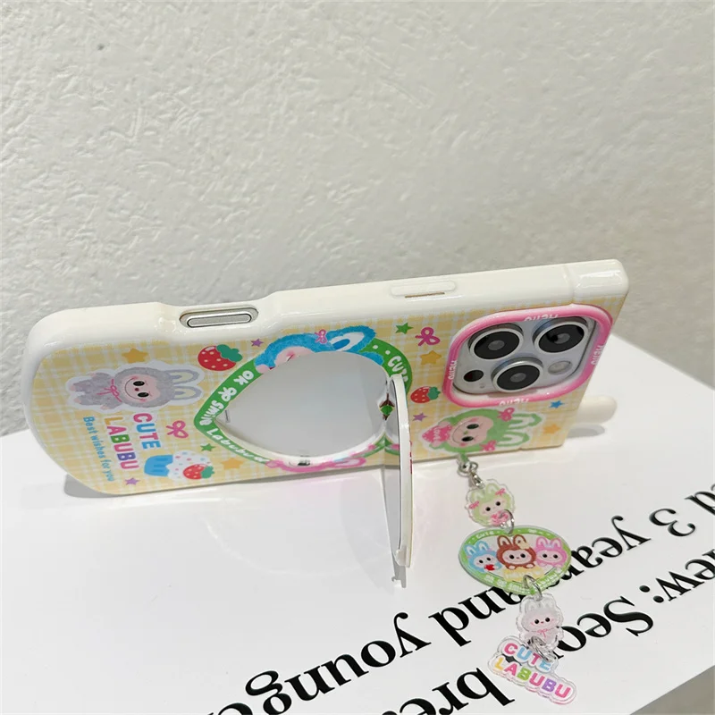 Kawaii الكرتون الأرنب ثلاثية الأبعاد قضية الهاتف المحمول آيفون 16 برو 15 14 13 برو ماكس غطاء مع الحب مرآة حامل حامل حالات سحرية