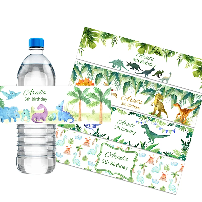 30pcs Custom Dinosaur Birthday Water Bottle Label Customize Sticker Baby Shower Kids Party Decor Personalise Dino Animals Theme