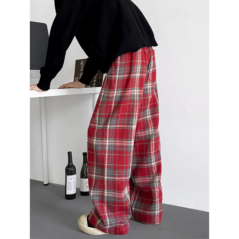 Black Casual Pants Men Retro Plaid Pants Men Streetwear Hip-hop Loose Wide Leg Pants Mens Vintage Trousers Large Size 5XL