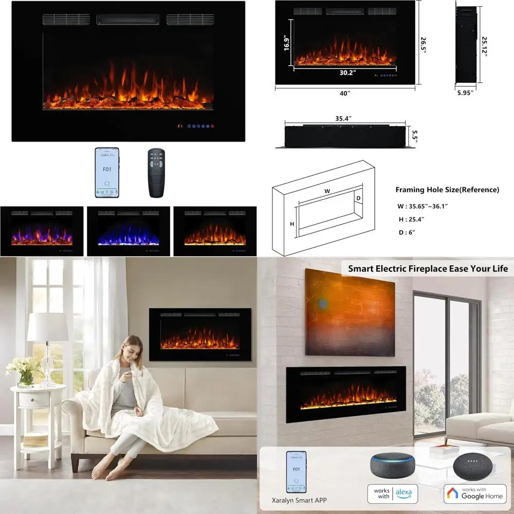 

40 Inch Wide, 26.5 Inch Tall Electric Fireplace with Multicolor Flame and Remote Control, Suitable for Wall-Mounted and Recessed