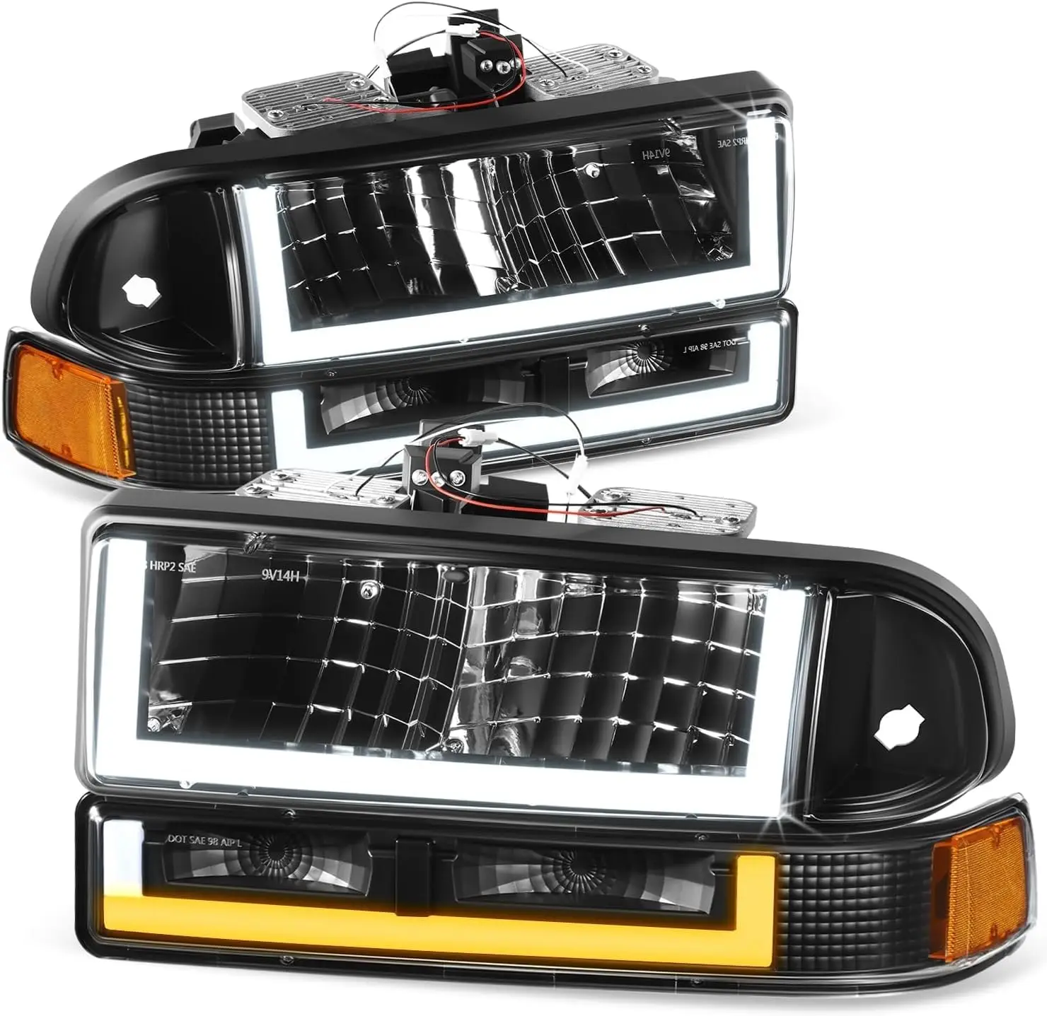 4 Pack Switchback U-LED DRL Headlights Assembly with Bumper Lamps, Black Housing, for 1998-2004 Blazer S10, Driver and Passenger