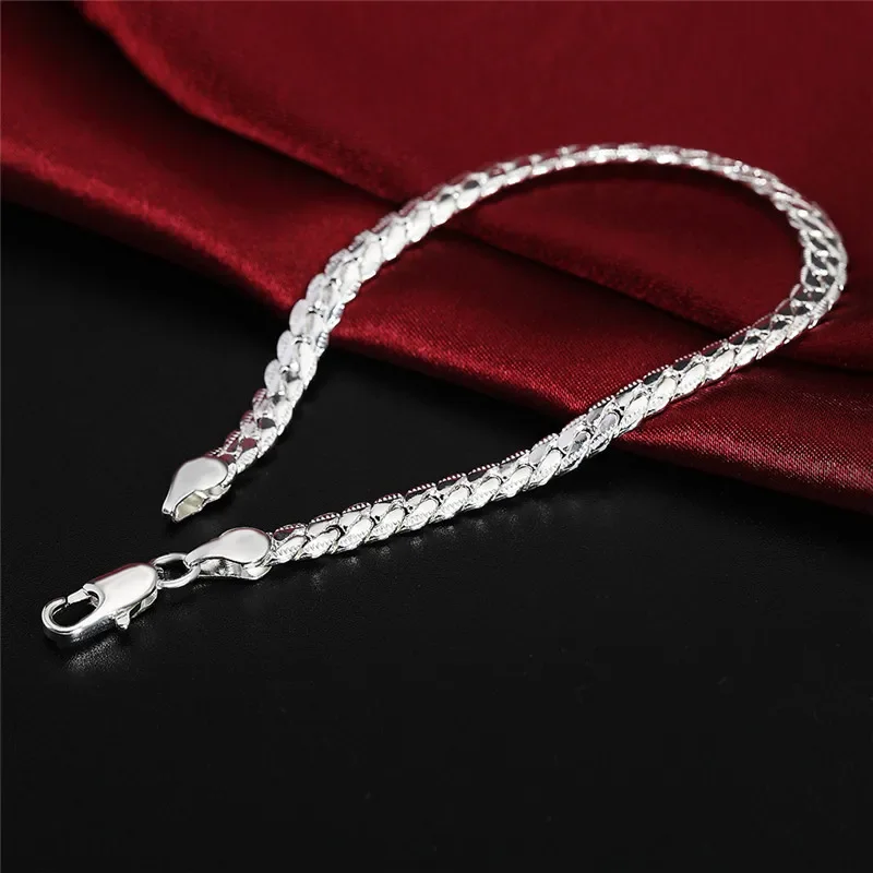 Pulseira de prata esterlina 925, 6mm, 18/20cm, corrente lateral plana, fecho lagosta para mulheres, homens, joias de noivado de casamento