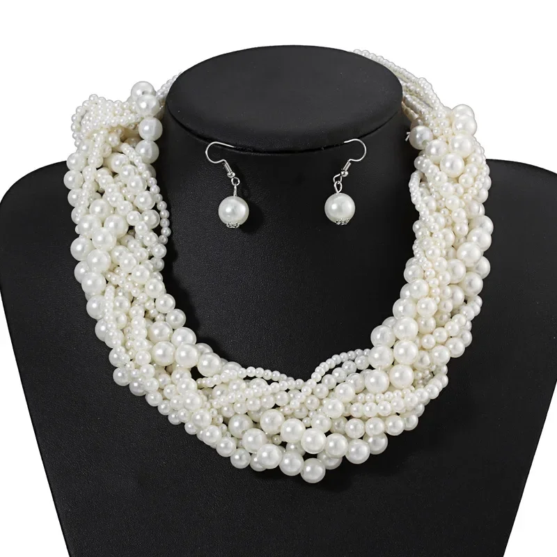 Classic Handmade Simulated Pearl Choker Statement Necklace Earring Jewelry Sets Women Party Luxury Wedding Jewelry Set