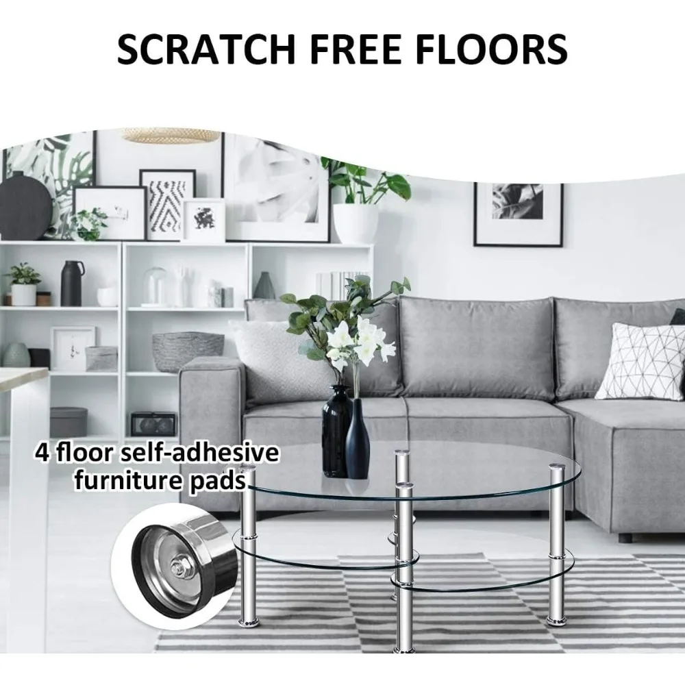 Glass Coffee Table, Modern Style Glass Shelves with Steel Legs for Living Room, Cocktail Tea Table