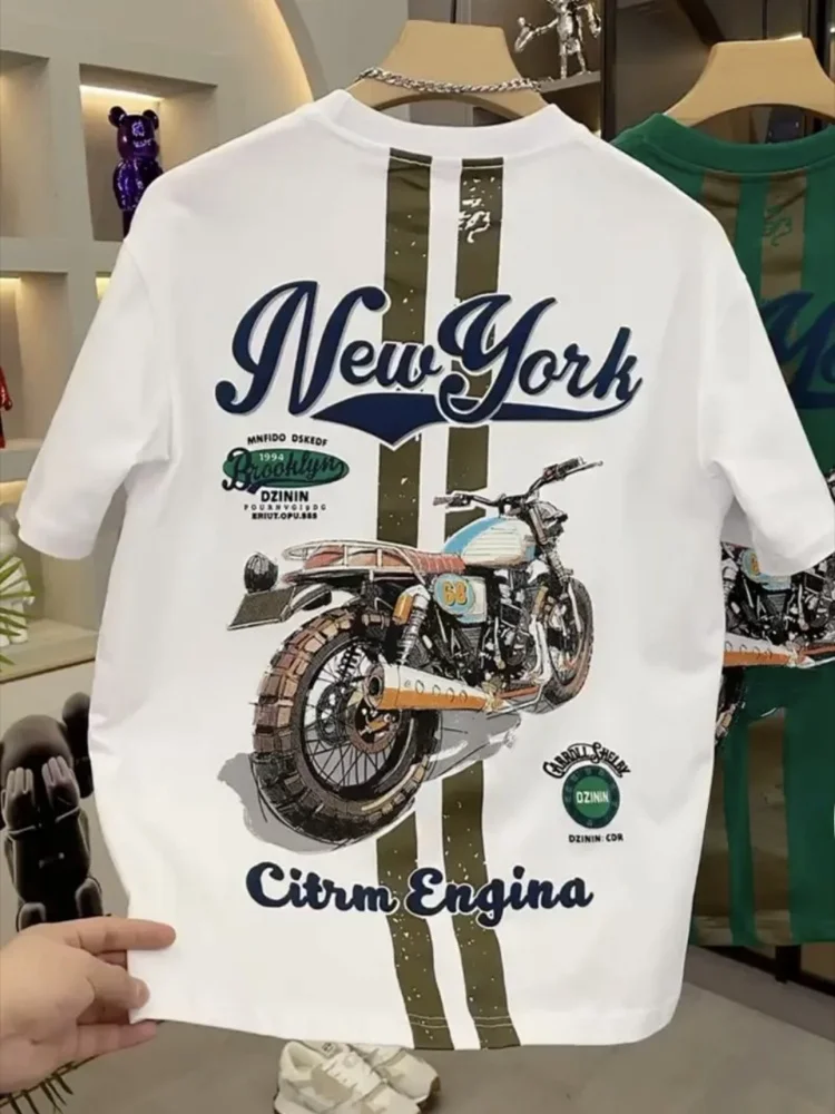 

Лето 2025: Мужская модная свободная дышащая повседневная футболка с коротким рукавом, круглым вырезом и мотоциклетным принтом, универсальная и удобная
