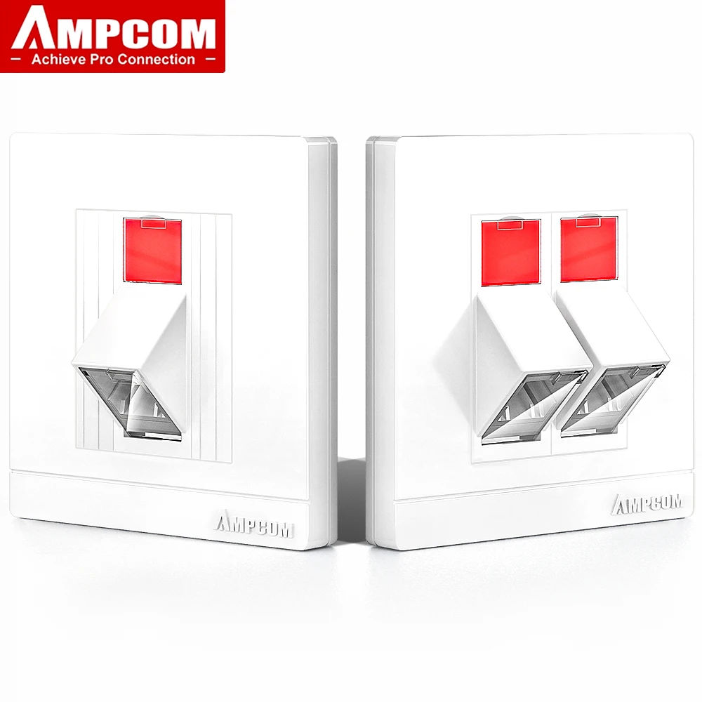 AMPCOM 86*86mm Angled Faceplate with a Fiber Optic Coupler Bracket,Suitable for Fiber Optic,RJ45&RJ11,Telephone Keystone Modules