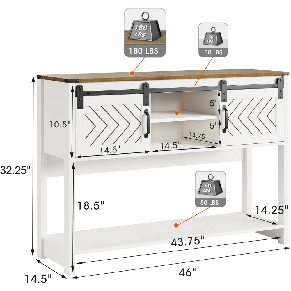 Farmhouse-Style Console Table with Storage Shelf and Sliding Barn Door, Narrow Entryway Table for Sofa, 46 Long