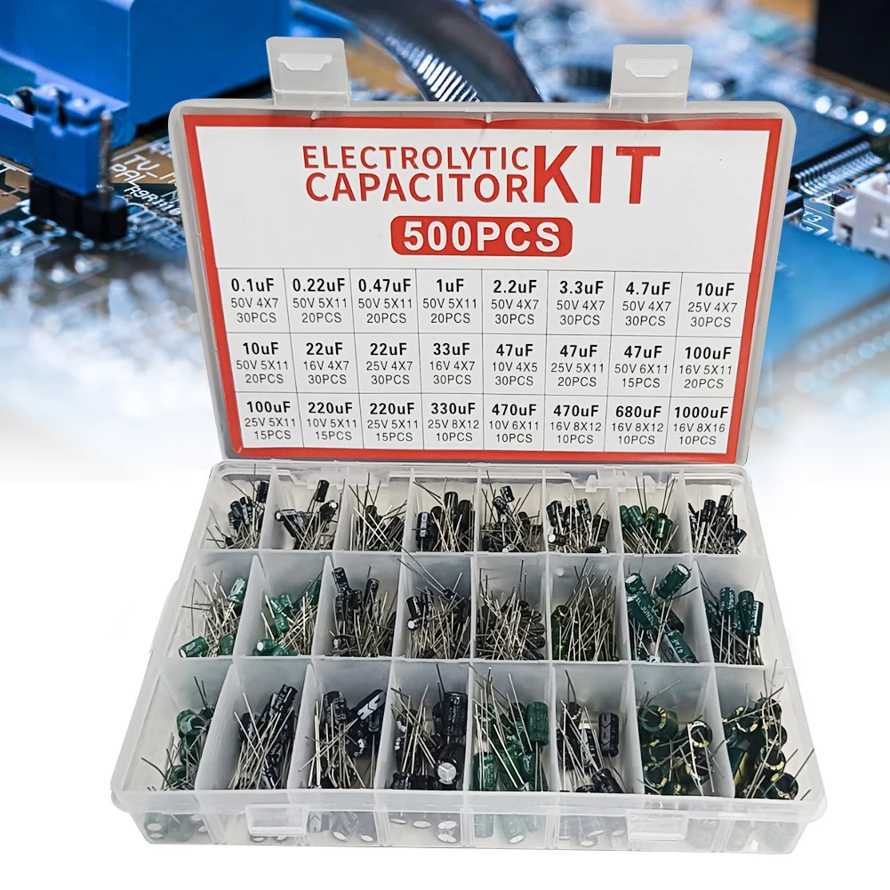 

500 шт., 24 значения, 16-50 В, 0,1-1000 мкФ, комплект конденсаторов низкого напряжения, алюминиевый электролитический конденсатор для ТВ, ЖК-монитора, радио, стерео игры