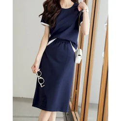 Dresses Sets High Street Patchwork Fake Two Pieces T-shirts and Solid Mid-calf Skirts Casual Loose Two Piece Set Women Outfits