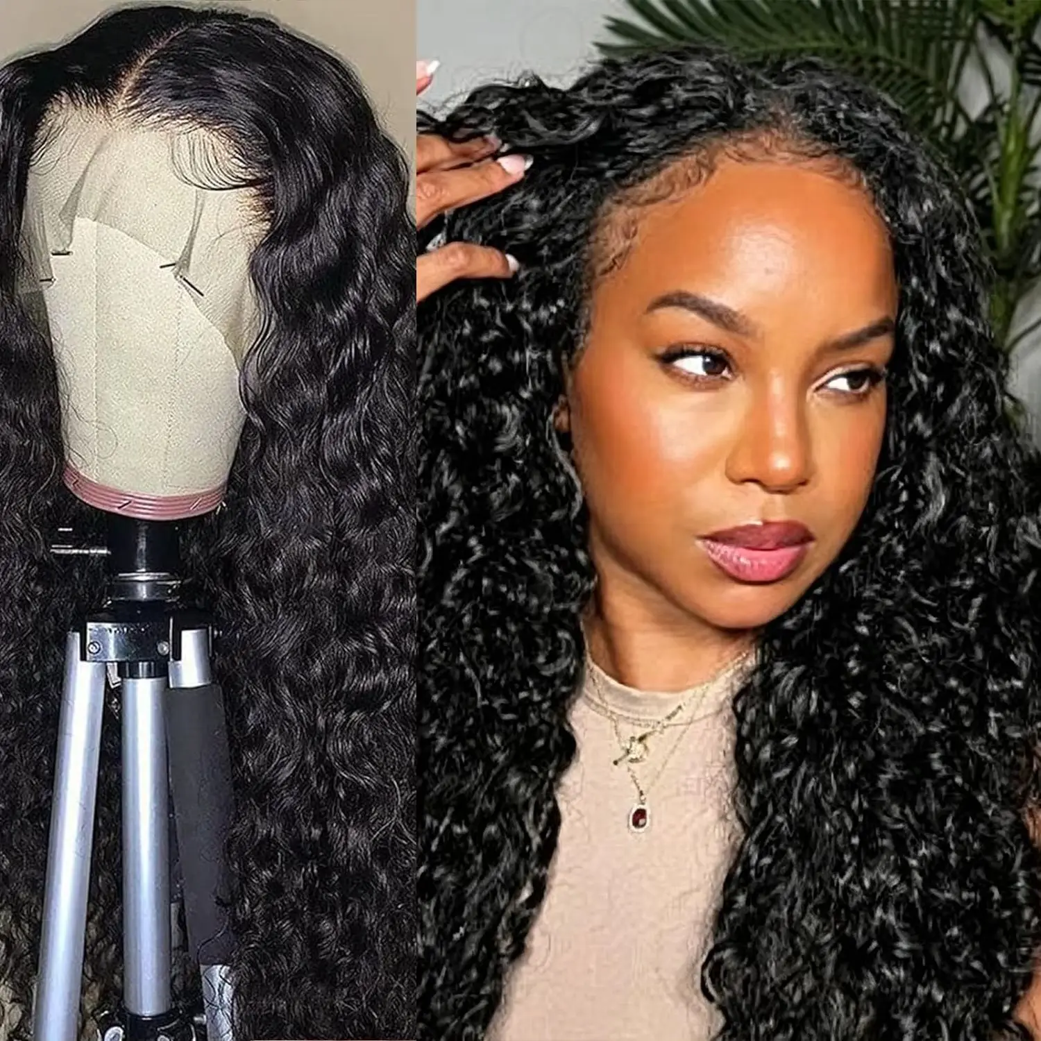 

3B 3C 13x4 Deep Wave Lace Front Wigs Human Hair Pre Plucked 180% Density Brazilian Deep Curly HD Transparent Lace Frontal Wig with Baby Hair Natural Black Color 18 inch