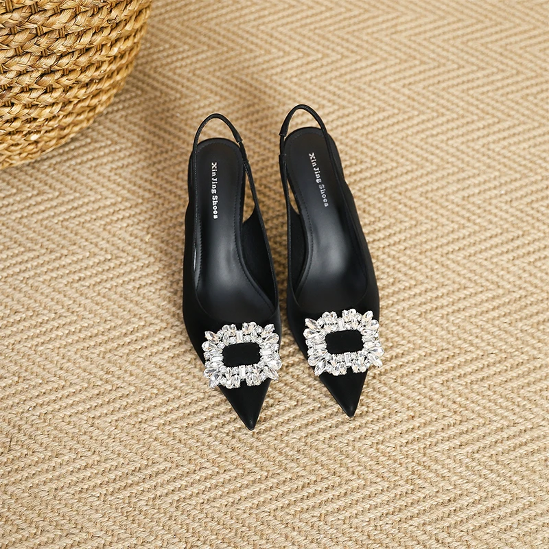 우아한 뾰족한 다이아몬드 하이힐 신발, 연회 플래시 다이아몬드 스퀘어 버클, 여행 벨트, 신상 유행