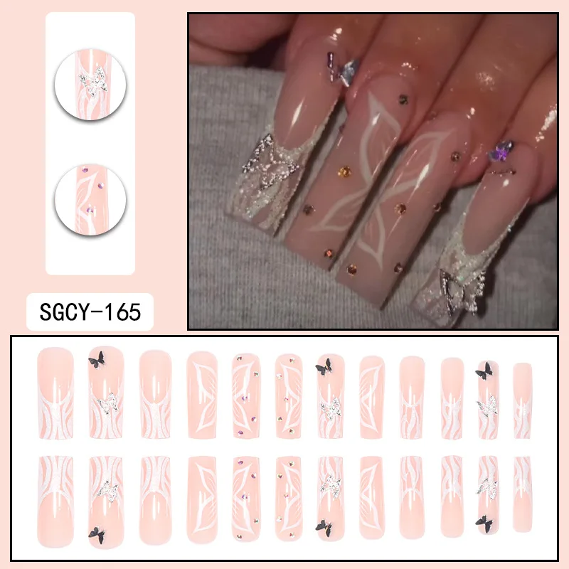 Fashionable Set Of 24 Rectangle Shaped Black French Nail Tips With Glitter & Silver Butterfly Rhinestone Decoration
