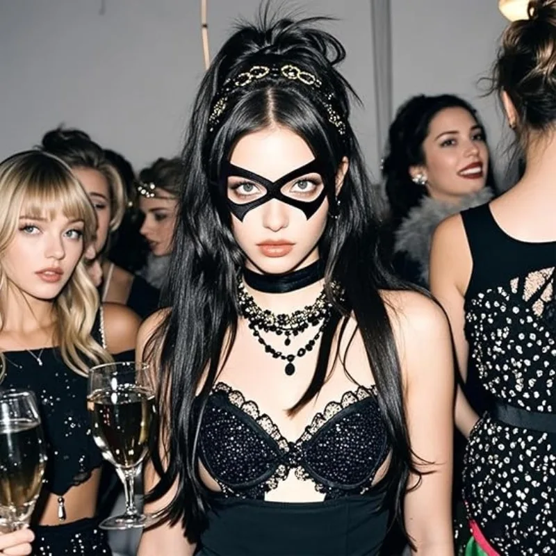 قناع قطة من جلد البولي يوريثان باللون الأسود على الطراز القوطي الشرير مثير للنساء ملحقات تنكرية للهالوين