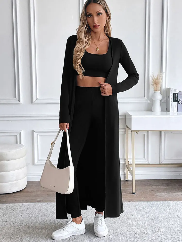 

Women' Camisole Leggings Long Sleeves Coat Autumn 3 Piece Streetwear Fashion Black Black Casual Slim Female Three Piece Clothing