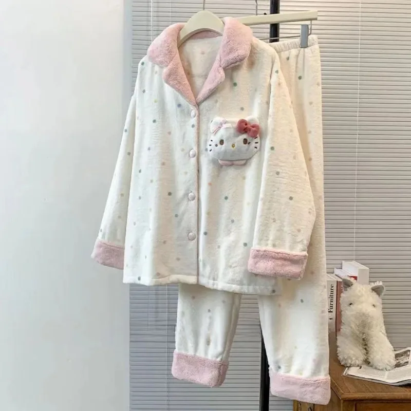 

M-XXL Winter Women's Sleepwear Cartoon Hello Kitty Plush Sweet Cute Home Clothes Set Coral Fleece Flannel Comfortable Home Suit