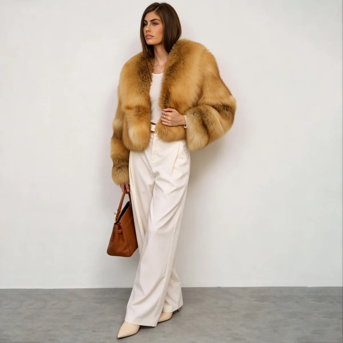 IG Mantel Bulu Asli Wanita Warna Coklat Gradasi, Jaket Bulu Pendek Model Crop, Kancing Depan Terbuka, Lengan Panjang, Luaran Bulu Imitasi Mewah dan Tebal