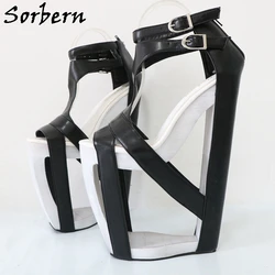 Sorbern 25cm Black Hollow Out Wedge Heel Sandals Ankle Strap T-strap Summer Shoes Fretwok Heels Sissy Boy Evening Party Footwear