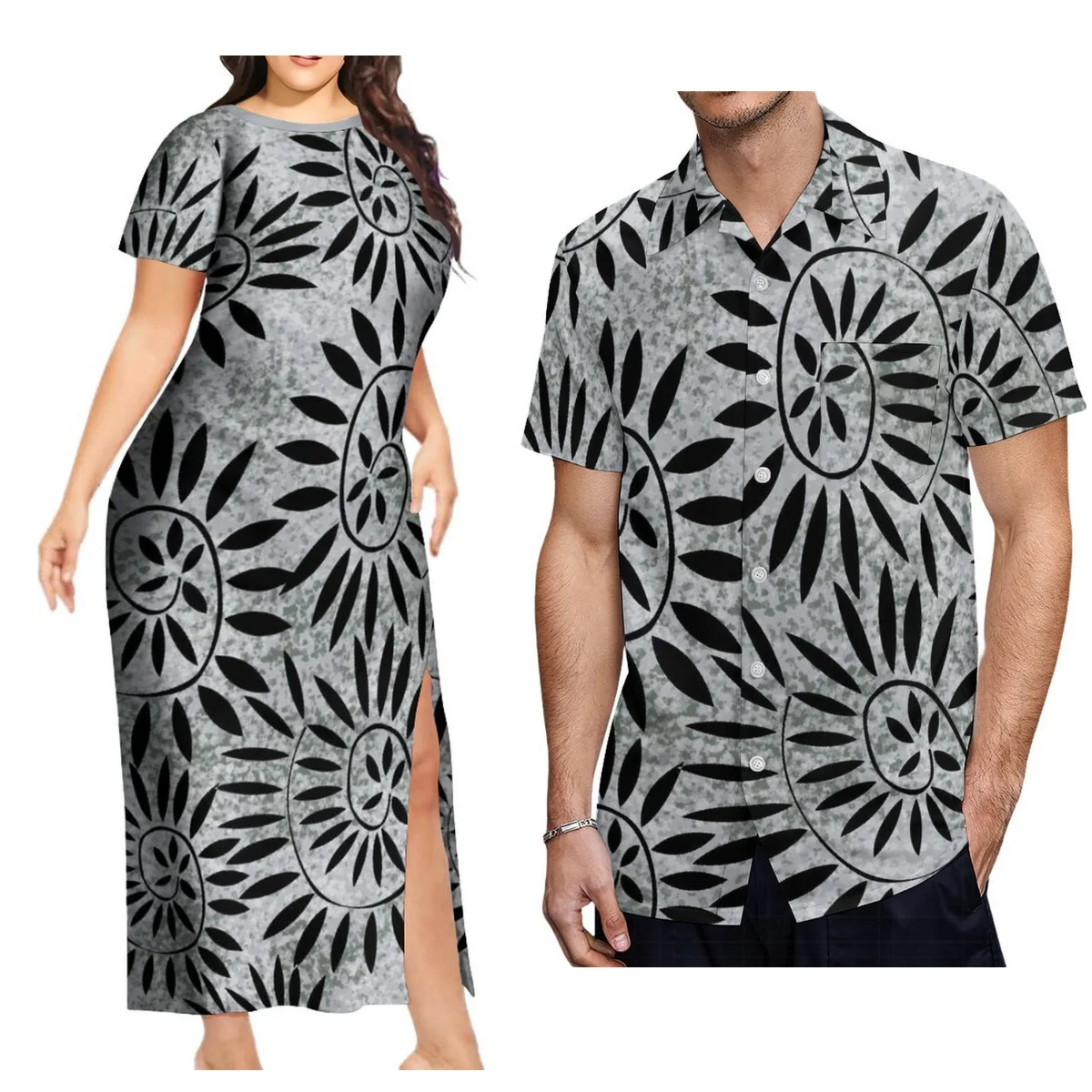 Support The Design Of Women\'S Short Sleeve Dress Crew-Neck Samoan Polynesian Tribal Pattern And Hawaiian Men\'S Shirt Couple Suit