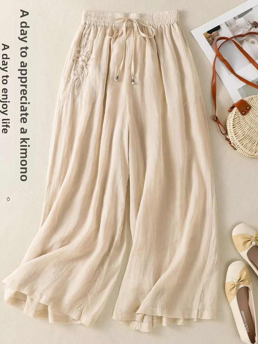 

Summer New High Waist Wide Leg Pants Cotton Linen Loose Elastic Thin Casual Long Trousers for Women Casual Straight Cut Pants