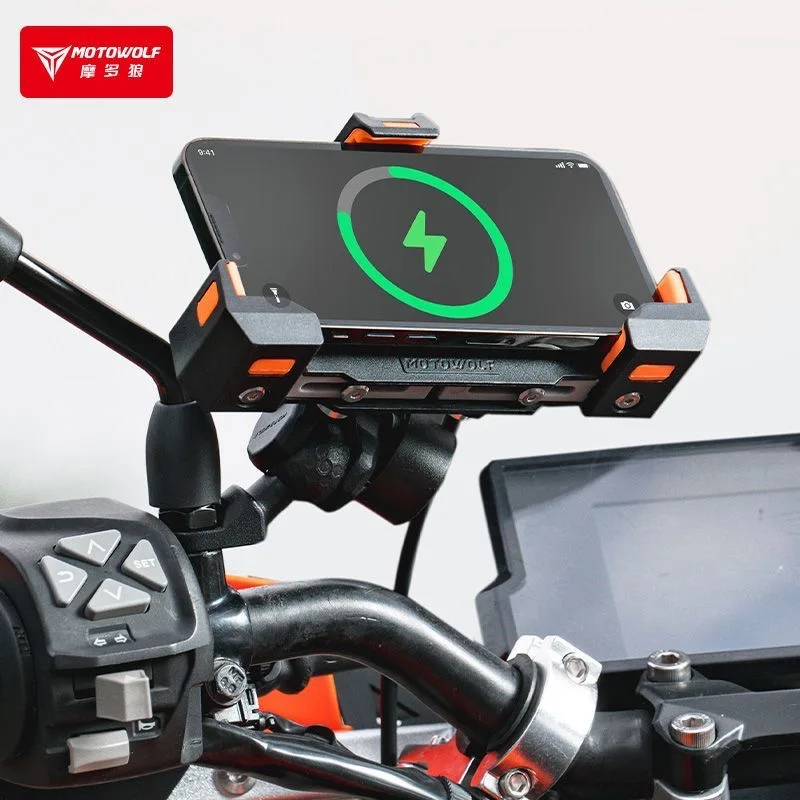 motowolf-オートバイ用の携帯電話ホルダー衝撃吸収ハンドルバー三角形の固定usbワイヤレス充電ナビゲーション