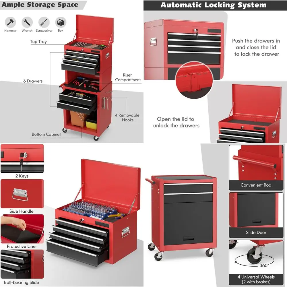 

Мобильный ящик для инструментов 3-в-1 с 6 ящиками, съемной крышкой, запираемыми колесами и защитным вкладышем для гаражной мастерской