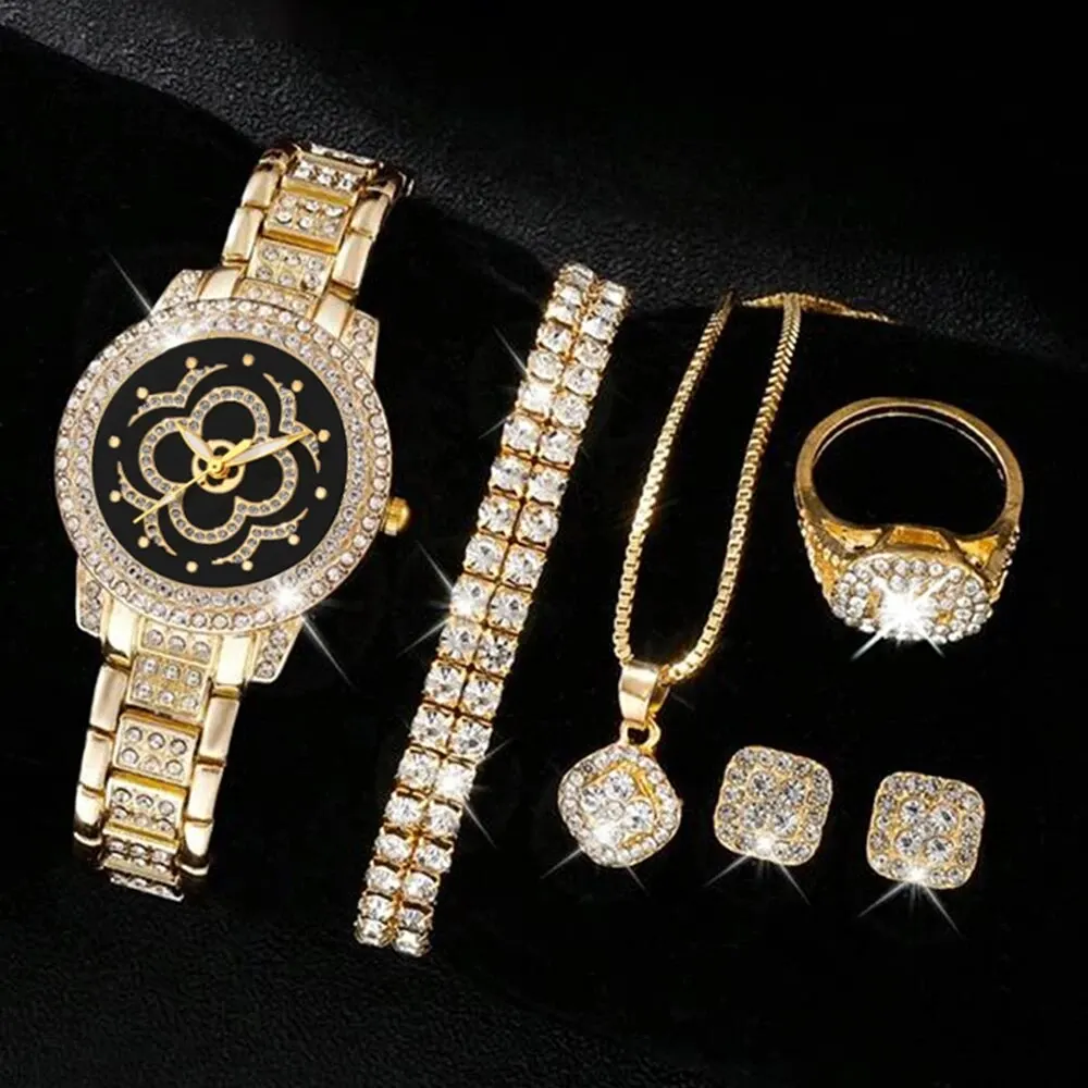 7PCS Set Women Luxury Casual Fashion Quartz Watch Necklace Earring Bracelet Ring Wristwatches Dress Clock Set Montre Femme