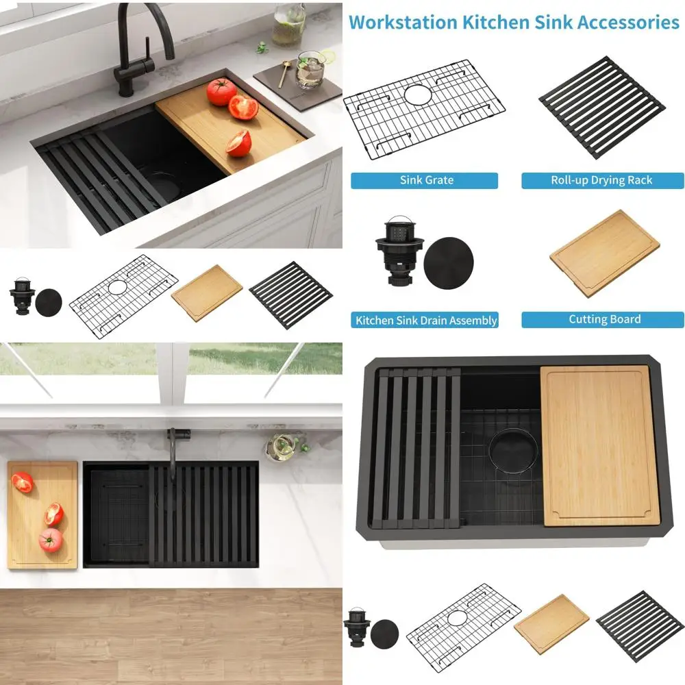 

28 Inch Black Undermount Single Bowl Kitchen Sink, Deep Basin, 16 Gauge Stainless Steel Workstation Sink