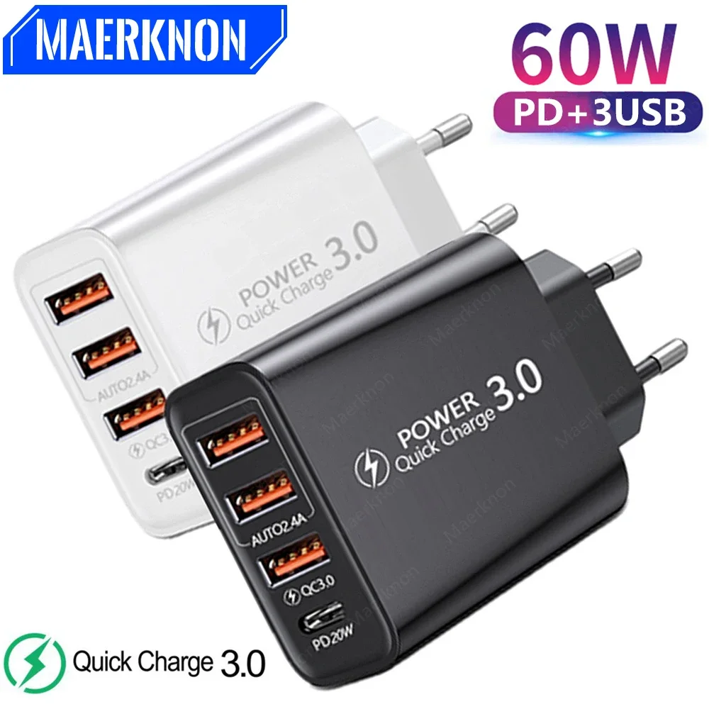 60W USB C Charger Quick Charge 3.0 4 Ports PD Type C Fast Charging Phone Power Adapter For iPhone 15 14 13 Samsung Xiaomi Huawei