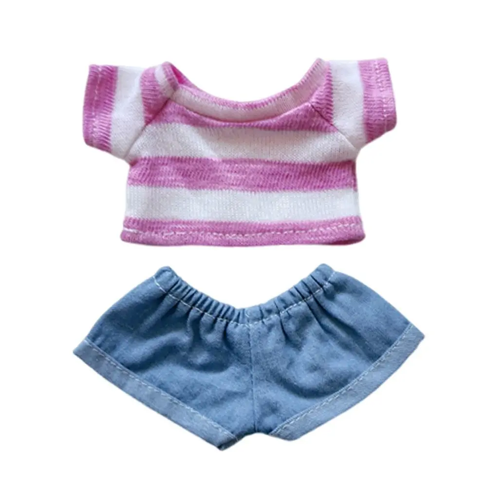 Top Pantaloncini Abiti per 17CM Doll Mini Doll Vestiti Sostituzione T-shirt fatta a mano Set Pantaloncini camicia a righe fai-da-te