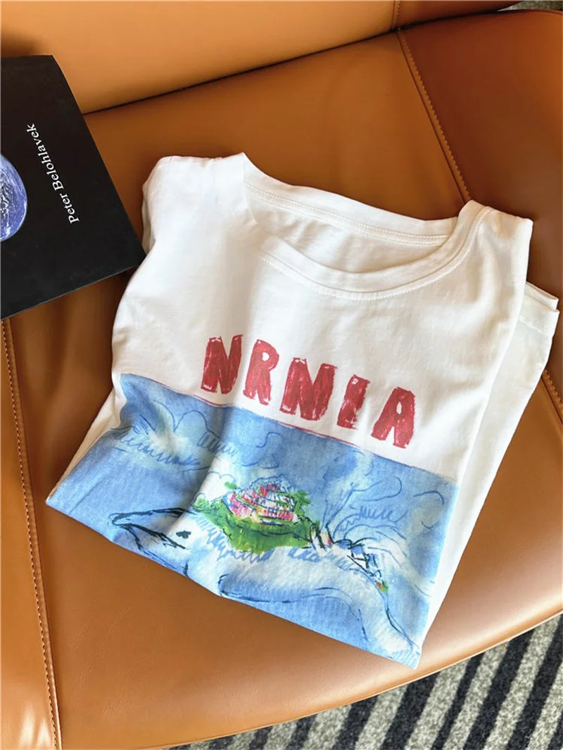 

American Retro Shark Oil Painting Short Sleeve T-Shirt Women's Design Slim Fit round Neck Print Body Shirt Summer Cotton Blend