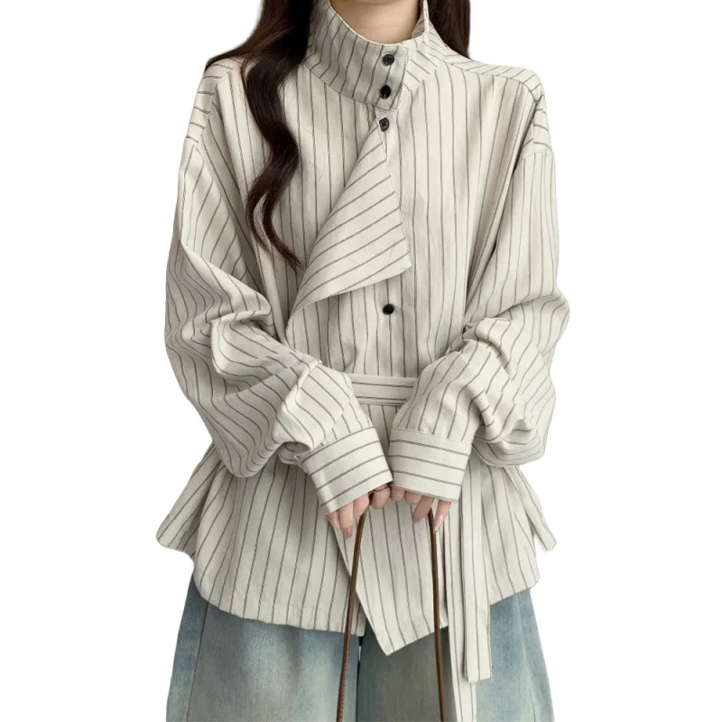 2025 Autumn New Women's Stand Collar Striped Shirt Plus Size Friendly Slim Fit Design Tie Waist Long Sleeve Shirts Top