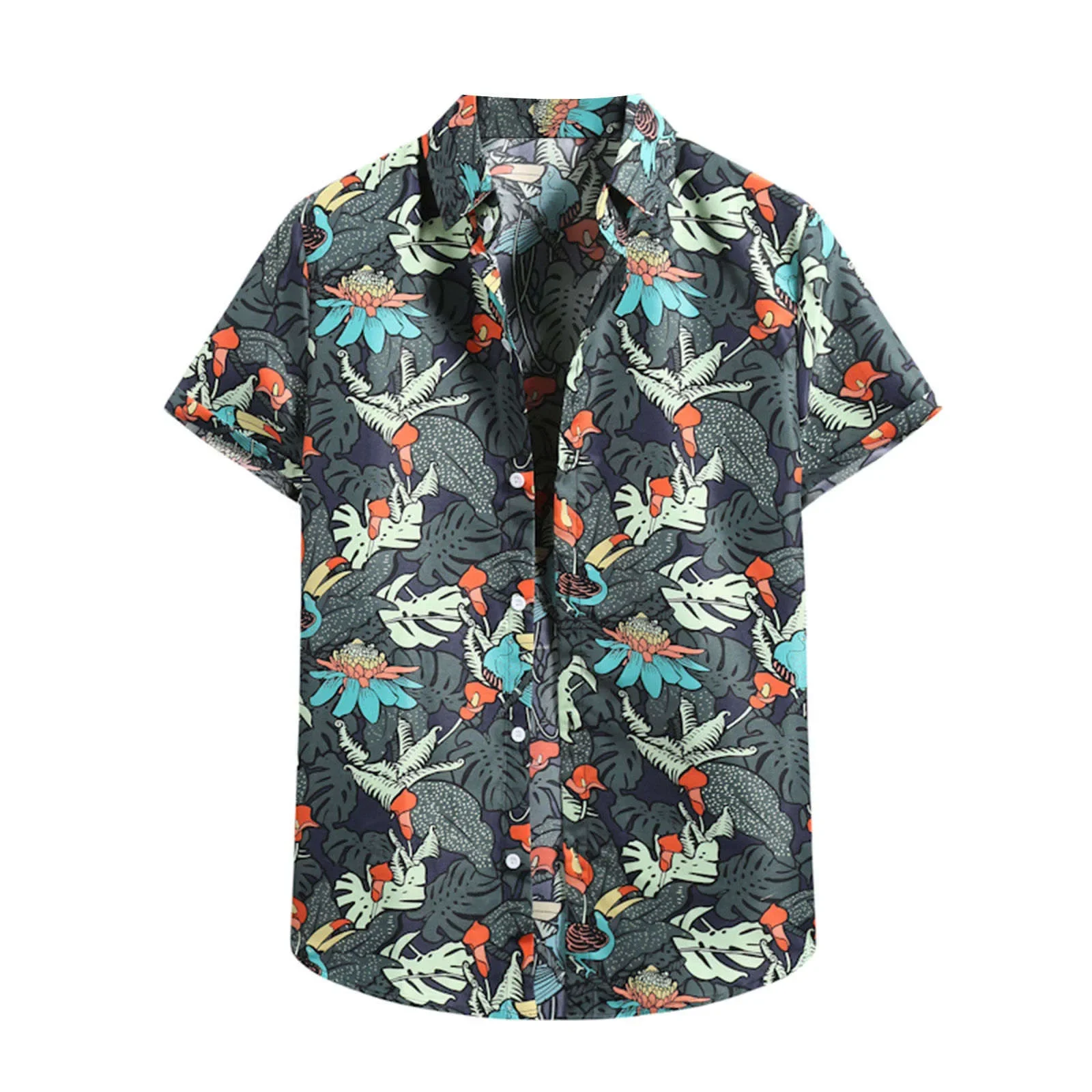 Men's Fashionable Tropical Botanical Print Tops Women's Short Sleeve Shirts Casual Button-Down Shirt Tops