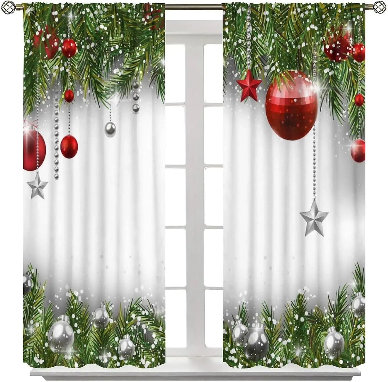 Elegant Christmas Window Curtain Panels with Festive Garland Lights and Ornaments for Home Decor