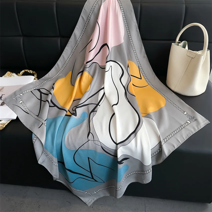 90*90cm Bedruckter Weicher Quadratischer Schal Frühling Sommer Atmungsaktive Damen Seidenschals Bandanas Luxuriöser Strand-Schal Eleganter Hijab – Detail 7