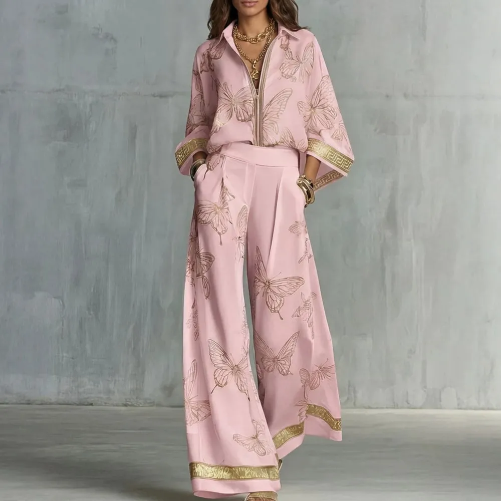 Women 2 Piece Set Golden Butterfly Print Zip Lapel Shirt Top High Waist Wide Leg Pants Loose Three‑Quarter Sleeve Elegant Suit