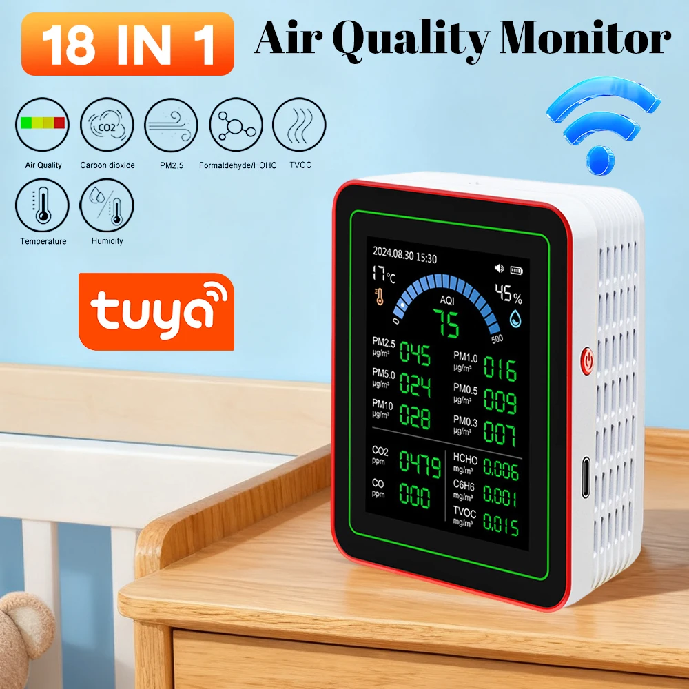 Tuya WiFi 18 in 1 Air Quality Monitor Portable Rechargeable AQI CO2 CO PM2.5 PM10 PM0.3 TVOC HCHO Household APP Control Detector