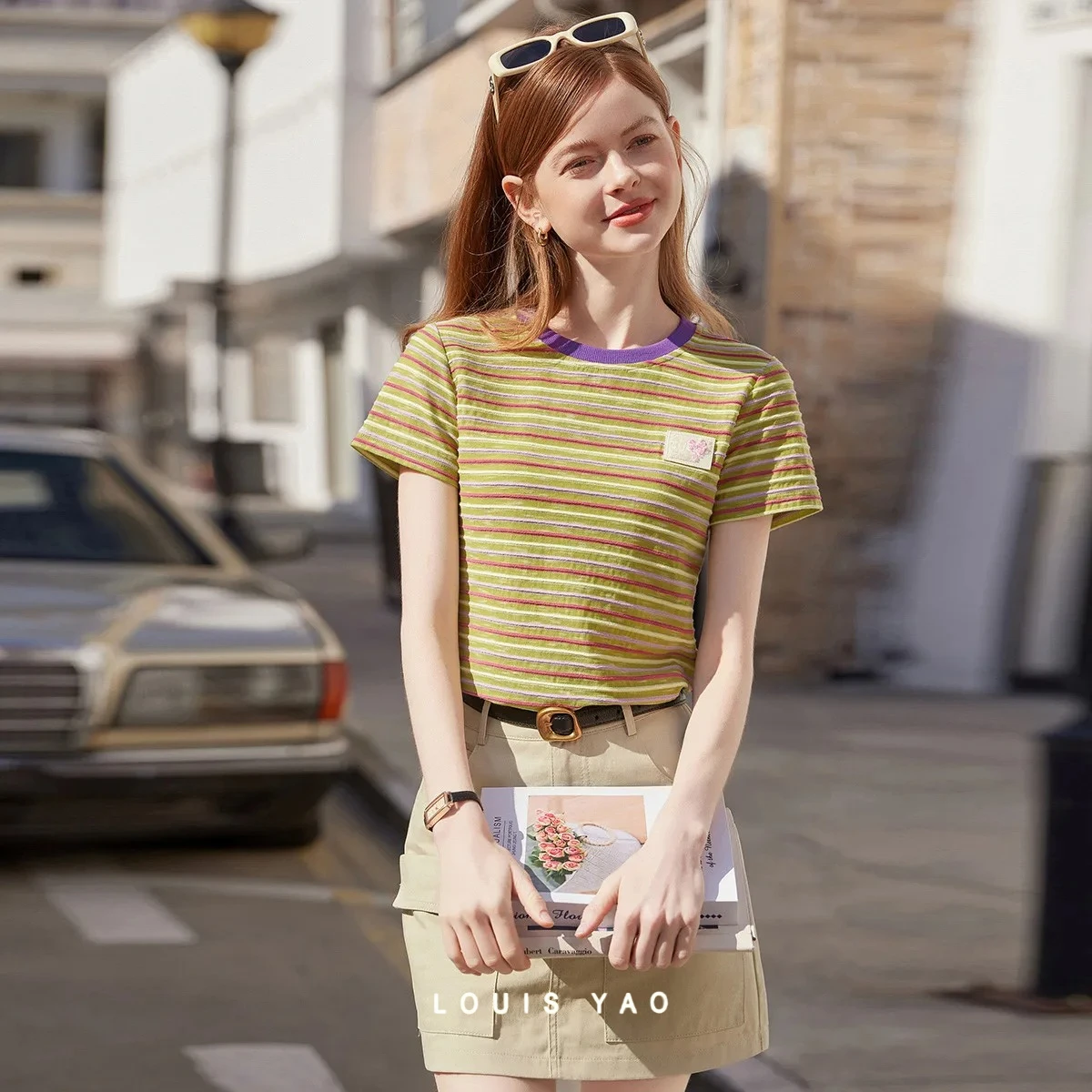 

LOUIS YAO Stripe Short Sleeve Shirt 2026 Summer Top Vintage Youthful Short Sleeve Slight Stretch Women's Knitted T-Shirts