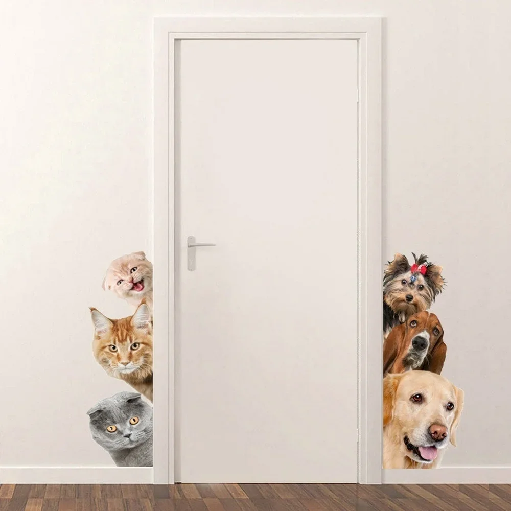 Cute Funny 3D Cat Dog Door Wall Stickers Removable Sitting Room Veranda Bedroom Wall Stickers Animal Wall Murals Wallpaper
