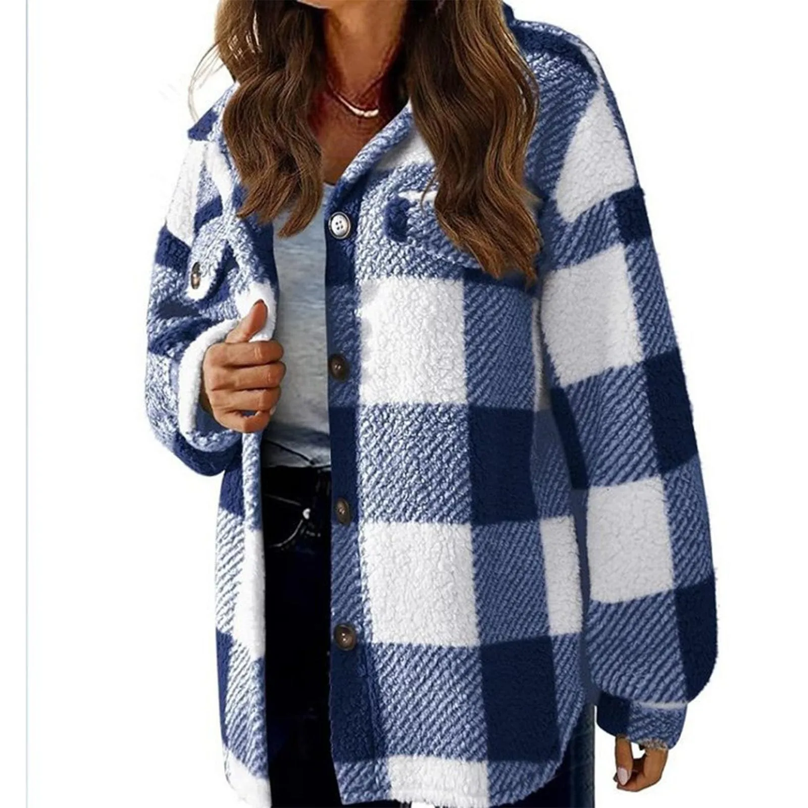 Women's Brushed Plush Jacket Plaid Button Winter Lapel Oversized Warm Fleece Outwears With Pockets Thick Fleece Shirts Coats