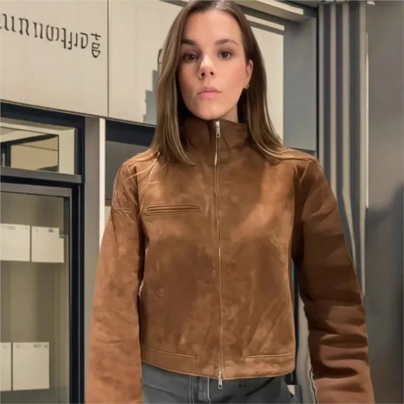 

Brown velvet texture leather jacket with stand-up collar long sleeves flight suit coat for autumn new motorcycle outwear.