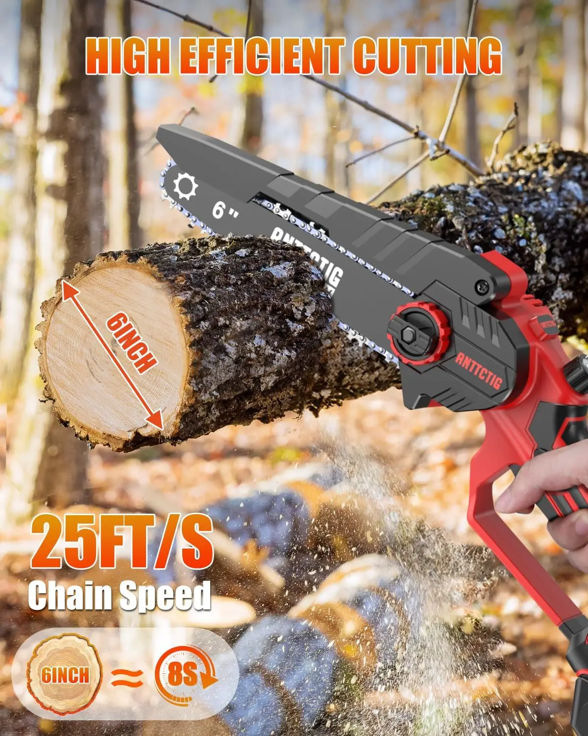 VERSION) Mini Chainsaw 6 inch Cordless, Lightweight Handheld Chainsaw with 2 Batteries&2 Chains, Battery Powered Small