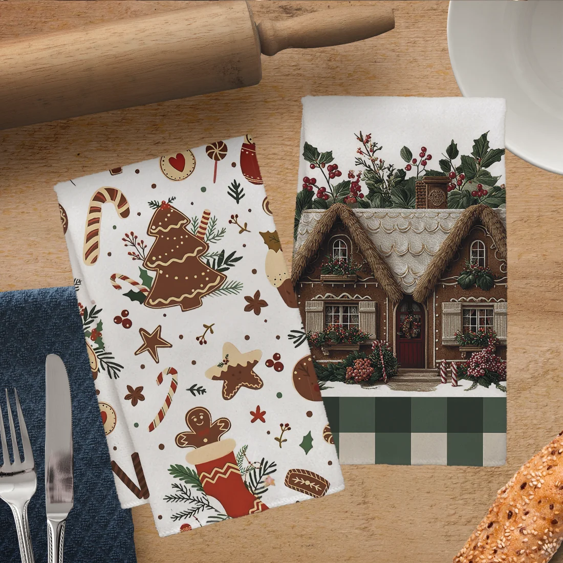 2PCS Kitchen Towels Christmas Gingerbread House Christmas Atmosphere Gingerbread Man Kitchen Towels Dish Towel Dish 40x60cm