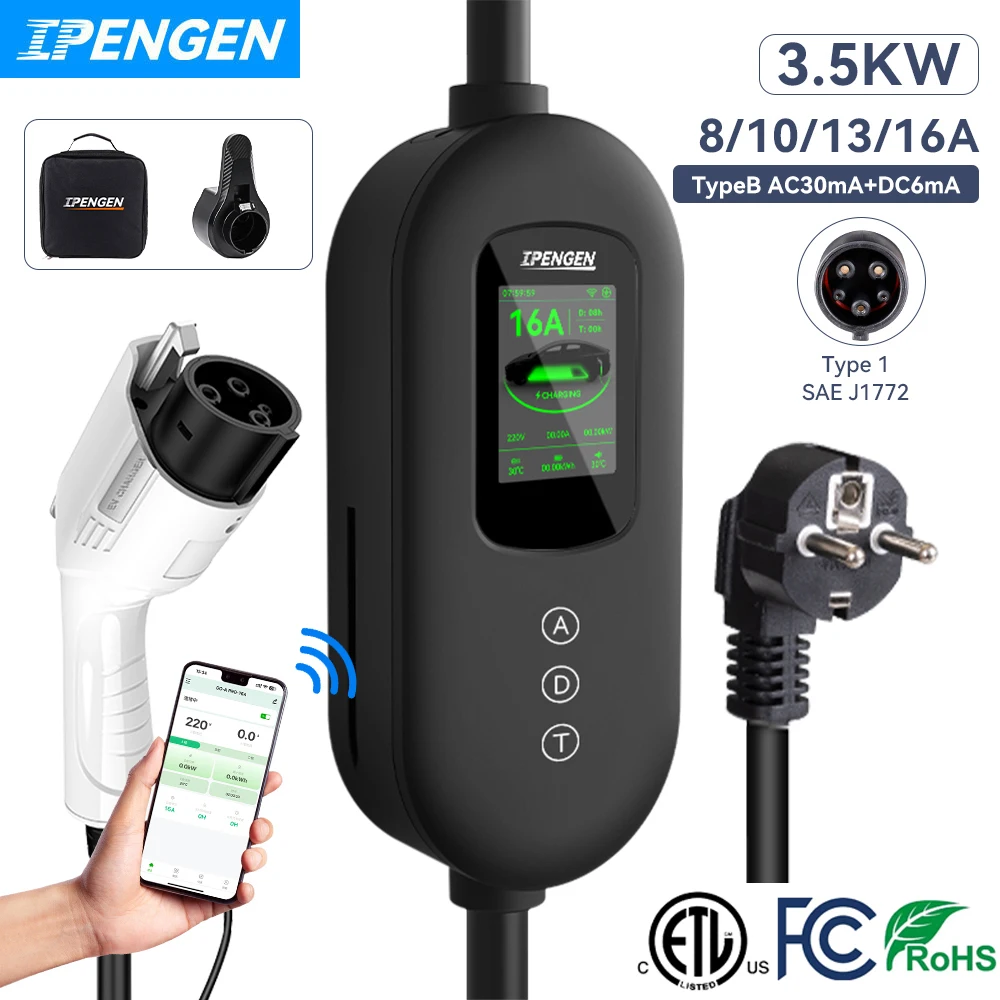 IPENGEN TypeB TUV Siegel Portable 3.5KW 16A EV Charger Type1 SAE J1772 Eletric Vehicle Car Charger EVSE Length 5M APP Control