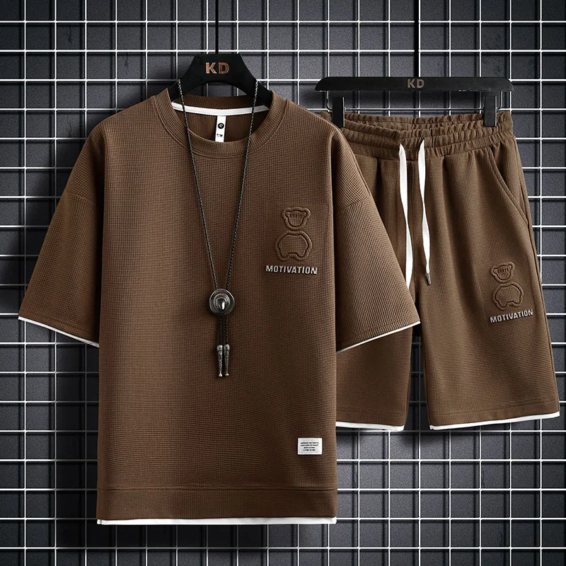 

Men's Summer Set Sleeve Suit 2-pieces Waffle Unisex Short Sleeve and Bear Shorts Basketball Tracksuit for Men M-4XL