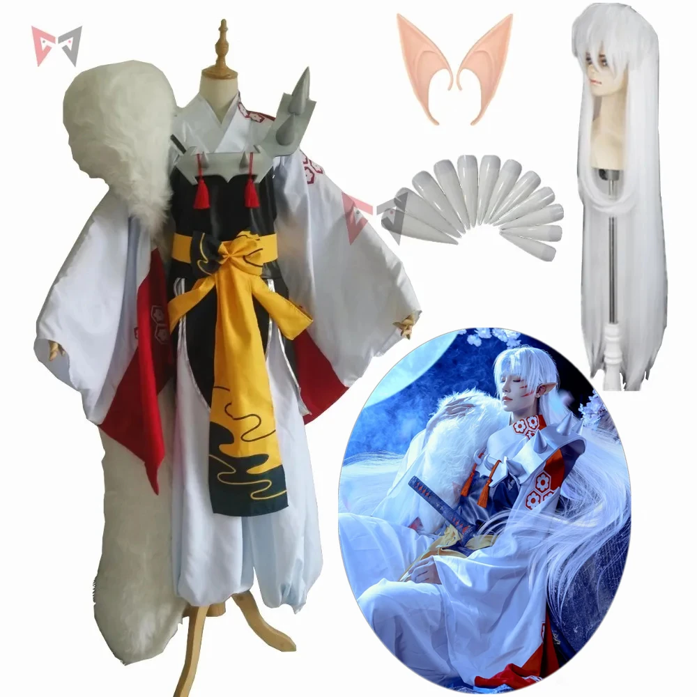 Disfraz de Cosplay de Inuyasha Sesshoumaru, disfraz de Anime para carnaval, Halloween, Harley Curry, botas de Kimono de lujo, peluca de cola grande hecha a medida