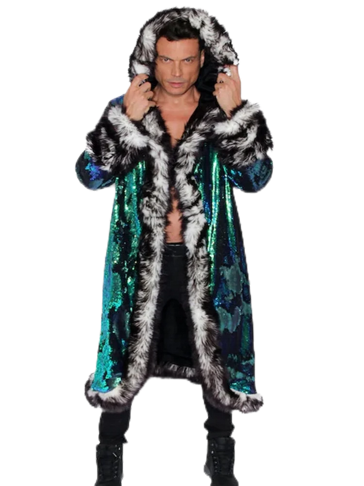 معطف فرو صناعي للرجال مقاس كبير ملابس إلكترونية LED ترتر للرجال ملابس طويلة بقلنسوة ملابس المهرجانات ملابس الحفلات