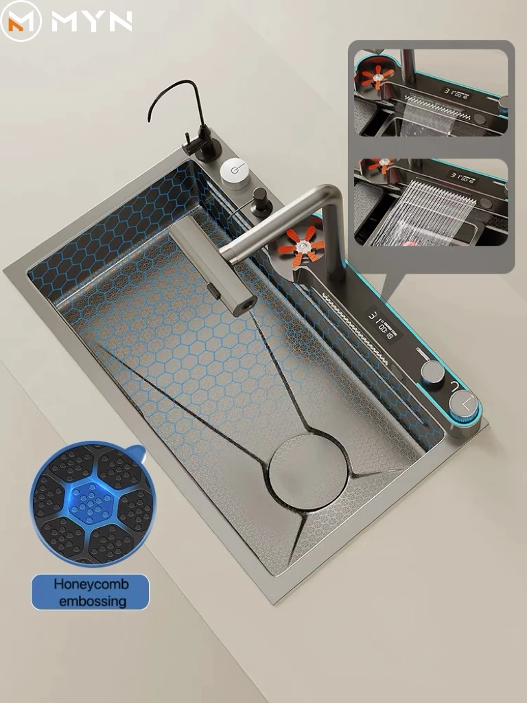 الفولاذ المقاوم للصدأ فتحة واحدة بيونيك العسل قطعة واحدة شلال صنبور بالوعة المطبخ مع غسالة الأكواب الذكية