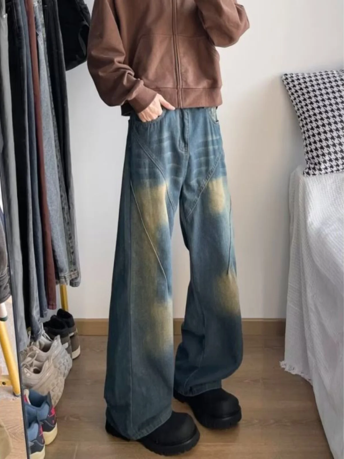 

Мужские джинсы в стиле ретро, синие, широкие, свободного кроя, прямые, осенне-зимние, в американском уличном стиле, Cleanfit