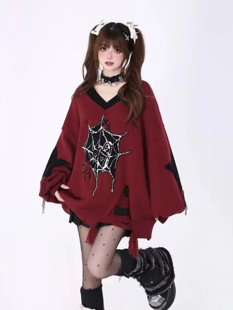 

HOUZHOU Gothic Vintage Y2k Sweater Women Punk Harajuku Long Sleeve Knitted Pullover Grunge Fashion Streetwear Oversize Sweaters